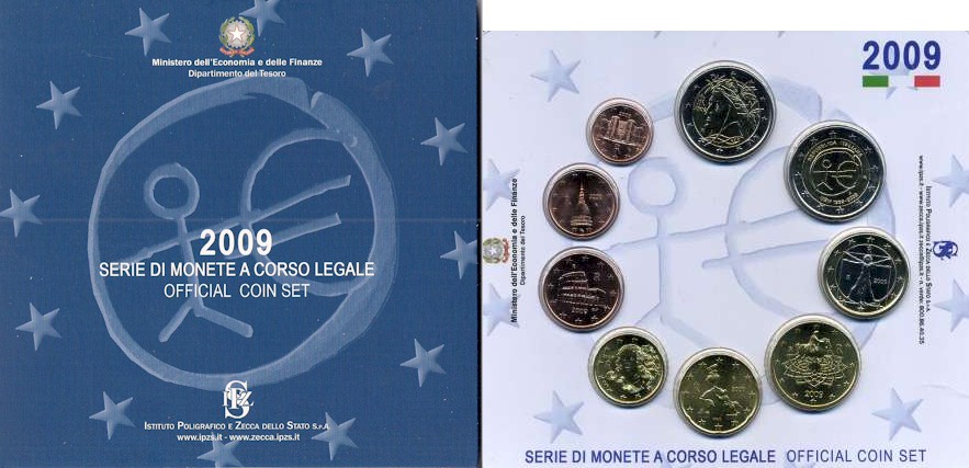 Serie completa di 9 monete in confezione ufficiale con moneta da 2 euro "10 Anniv. Unione Economica Europea"