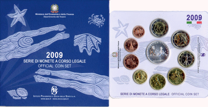 Serie completa di 10 monete in confezione ufficiale con moneta da 5 euro in Ag "13 Campionato Discipline Acquatiche"