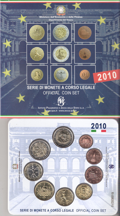 Serie completa di 9 monete in confezione ufficiale con moneta da 2 euro "200 Anniv. Nascita di Cavour"