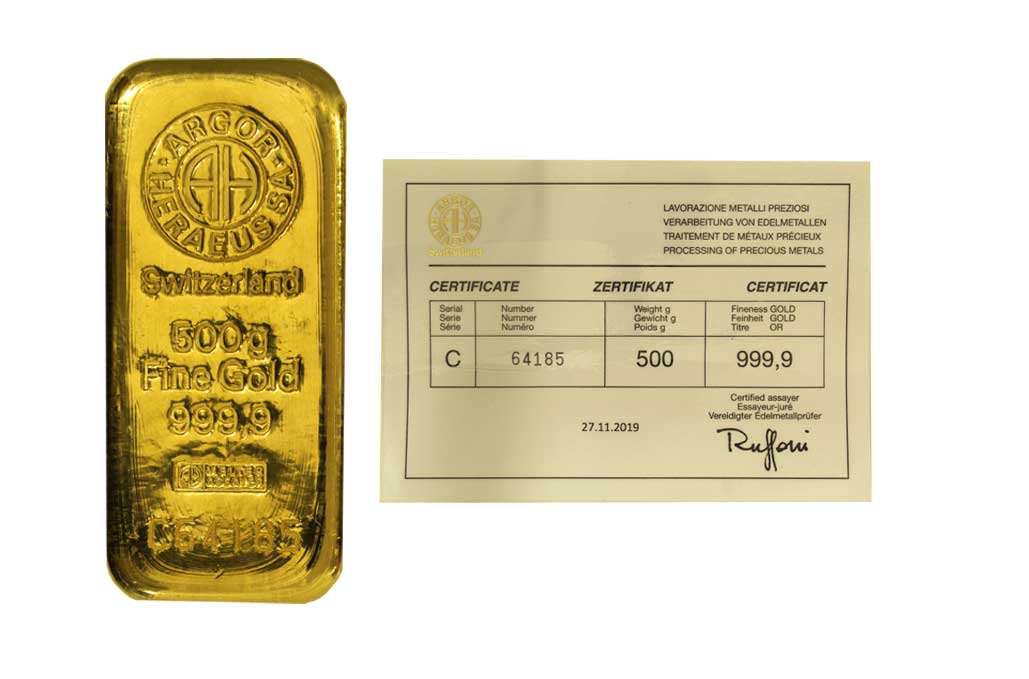 Lingotto da grammi 500 in oro 999,9/000 con Certificato di Garanzia