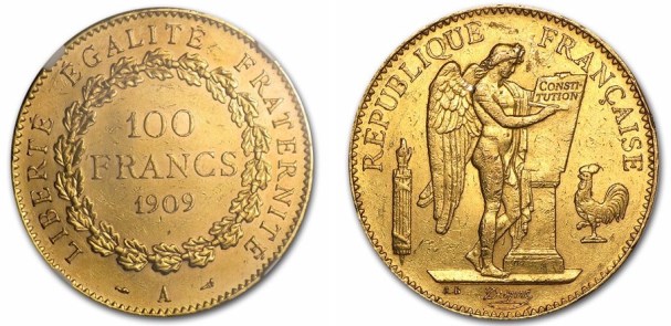 Angelo Scrivente - 100 franchi gr. 32,25 in oro 900/000 (solo date comuni) 