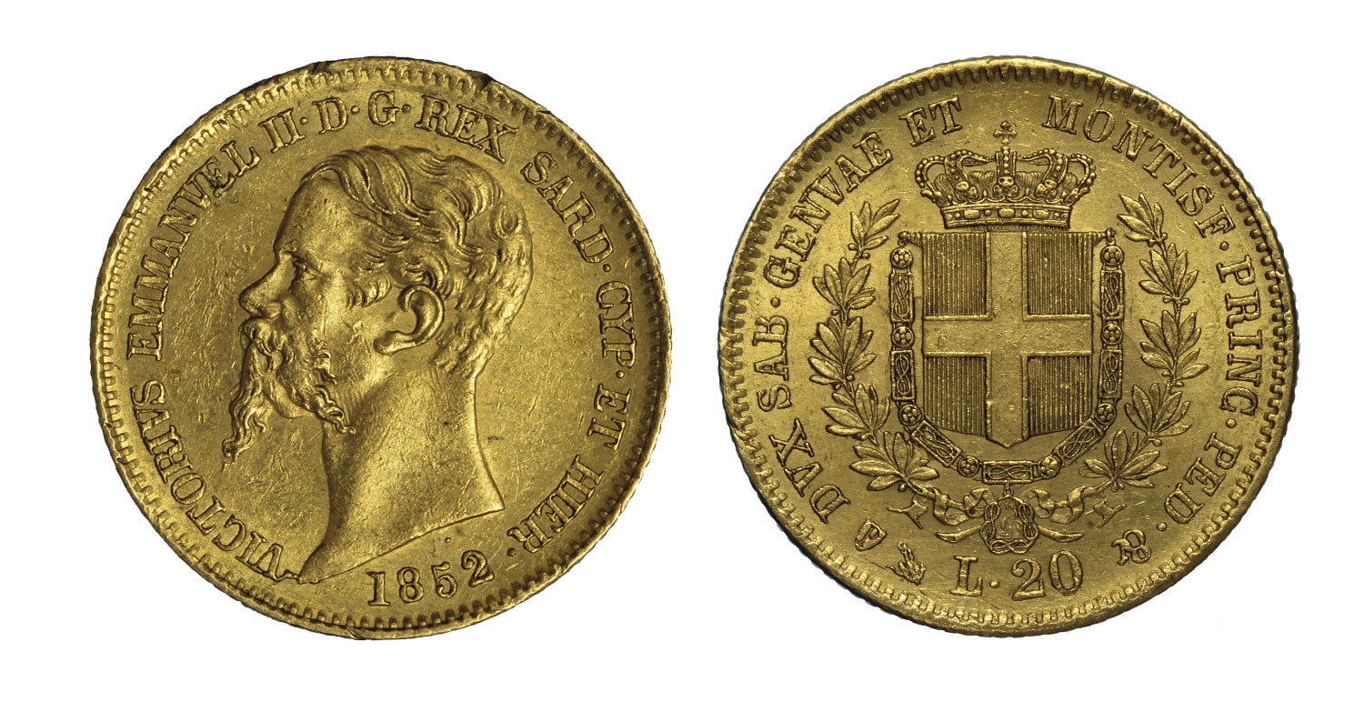 Vittorio Emanuele II - 20 lire zecca di Genova senza sigla F sotto il collo gr.6,45 in oro 900/