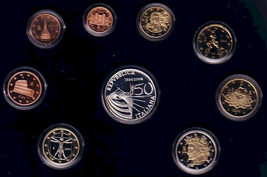 Serie completa di 9 monete in confezione ufficiale con moneta da 5 euro in Ag "50 Anniv. Trasmissioni Televisive"