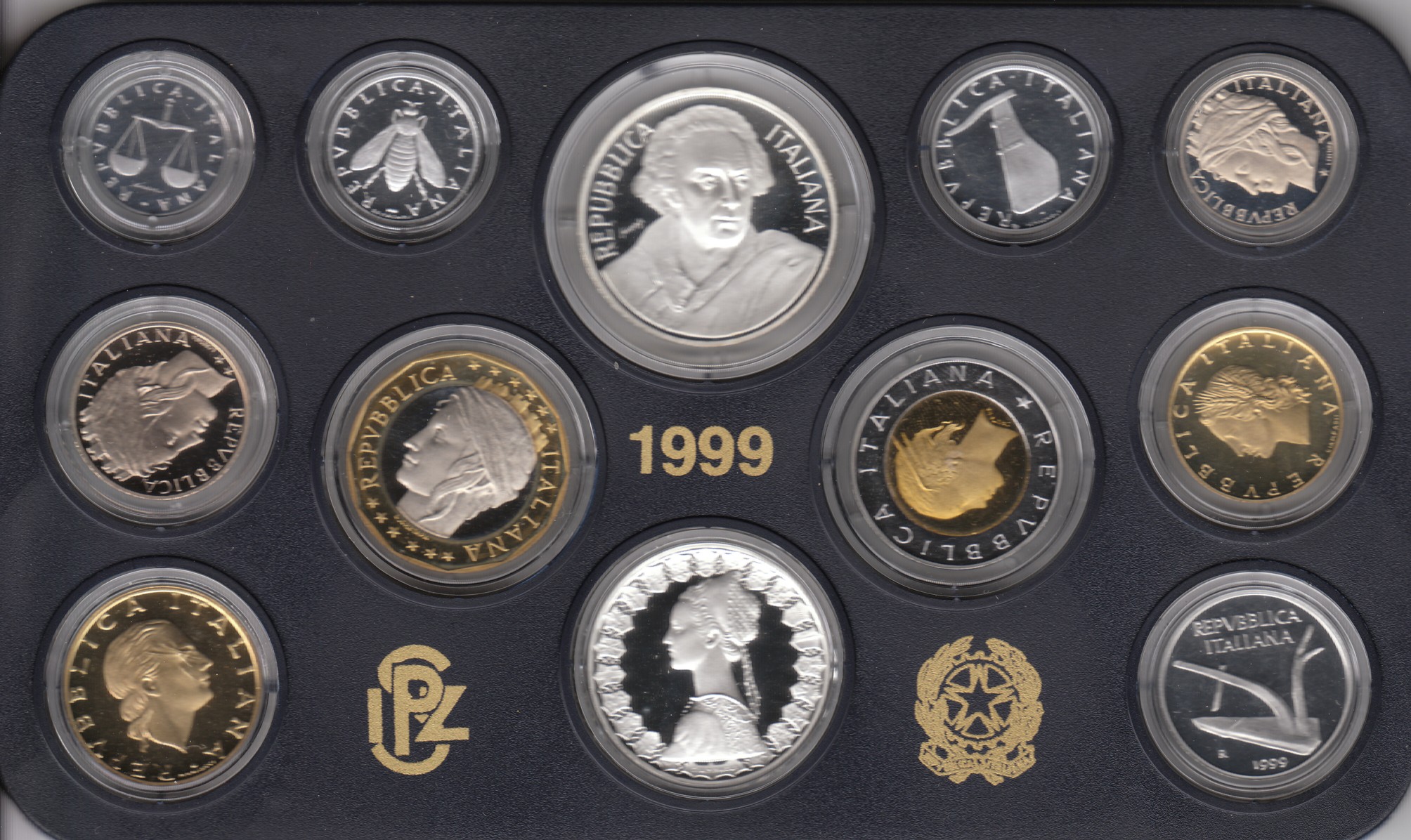 Serie completa di 12 monete confezionate con L.1000 "V. Alfieri"