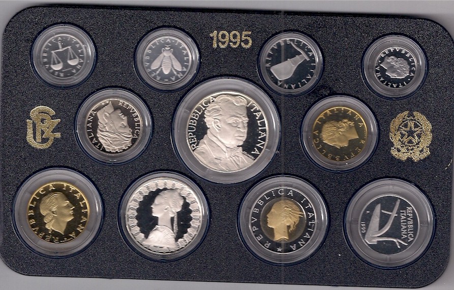 Serie completa di 11 monete confezionate con L.1000 "Mascagni"