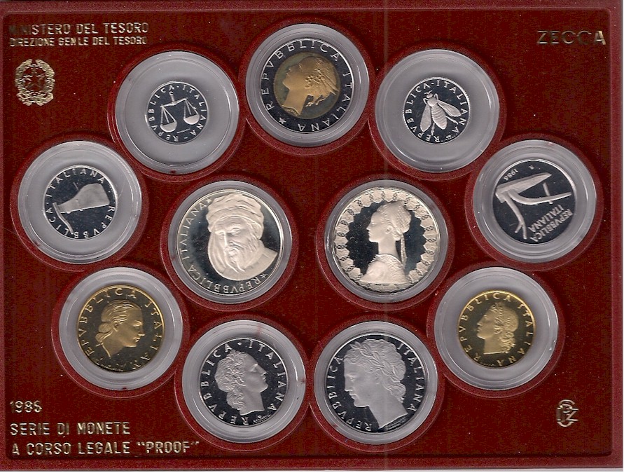 Serie completa di 11 monete confezionate con L.500 "Donatello"