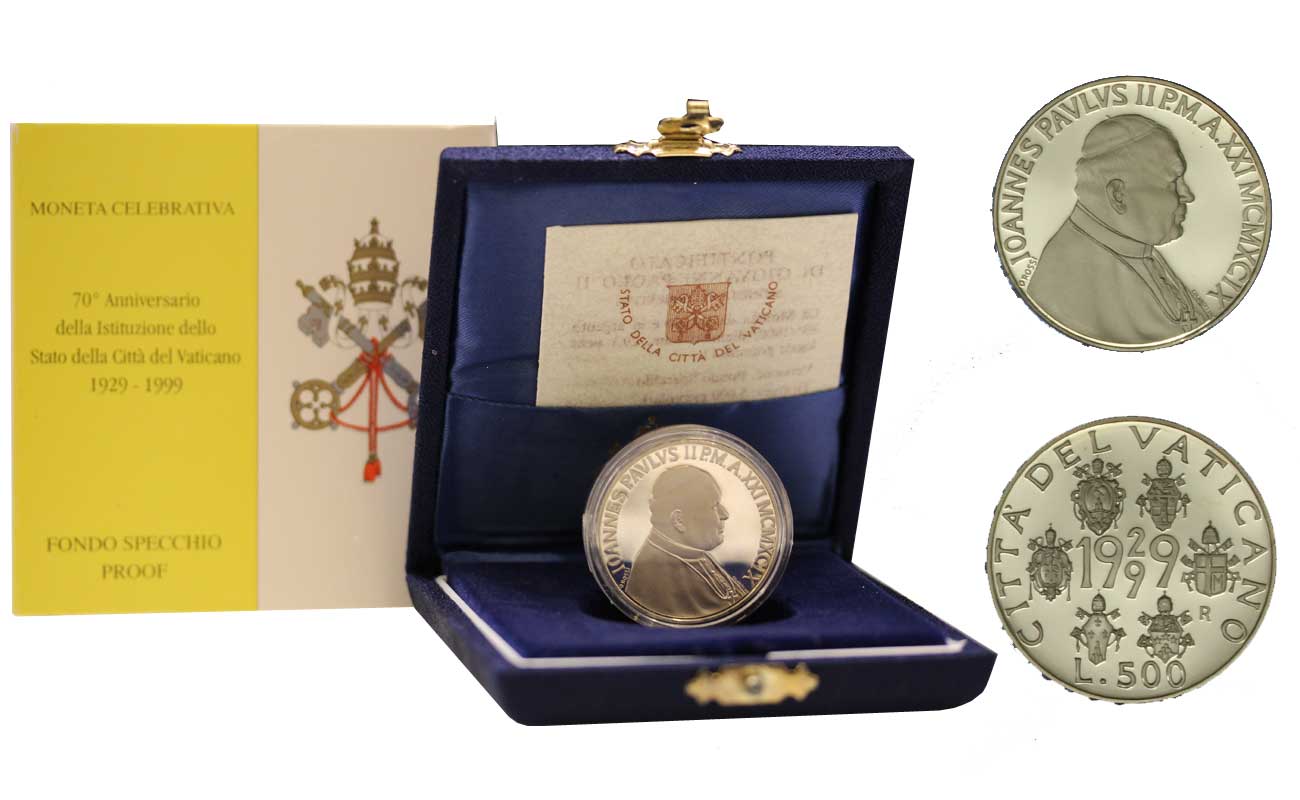 70 ANNIV. DELLA CITTA' DEL VATICANO - 500 Lire commemorativa in argento
