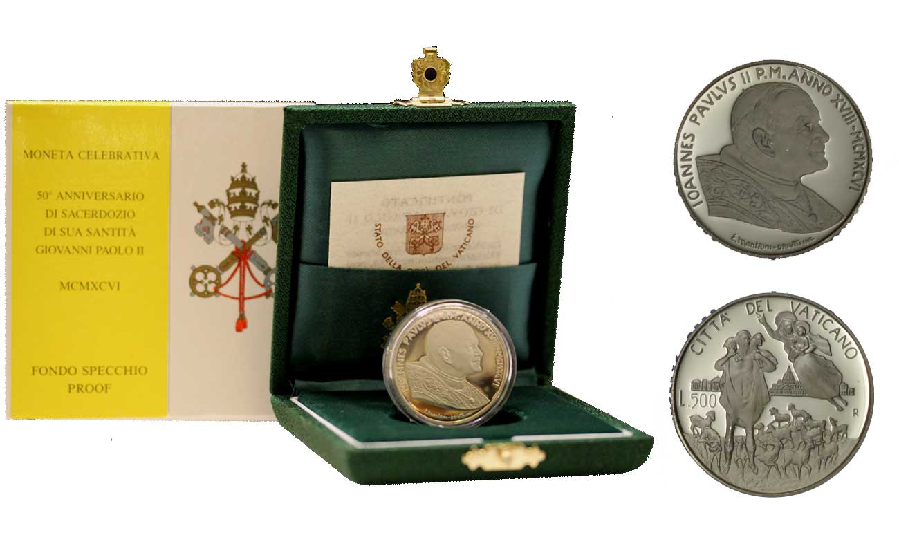 50 ANNIV. DEL SACERDOZIO DI GIOVANNI PAOLO II - 500 Lire commemorativa in argento