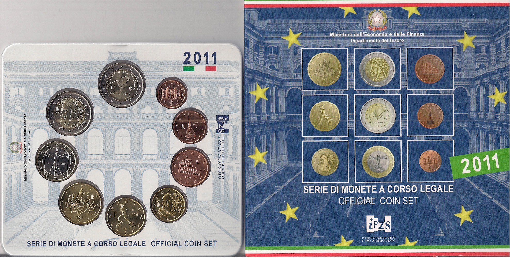 Serie completa di 9 monete in confezione ufficiale con moneta da 2 euro "150 Anniv. Unit d'Italia"