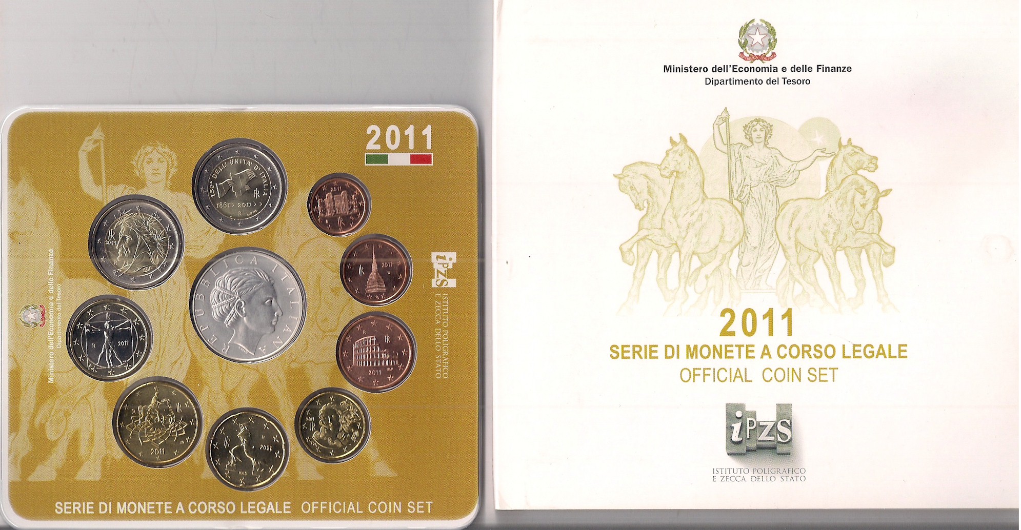 Serie completa di 10 monete in confezione ufficiale con moneta da 5 euro in Ag "150 Anniv. Unit d'Italia"
