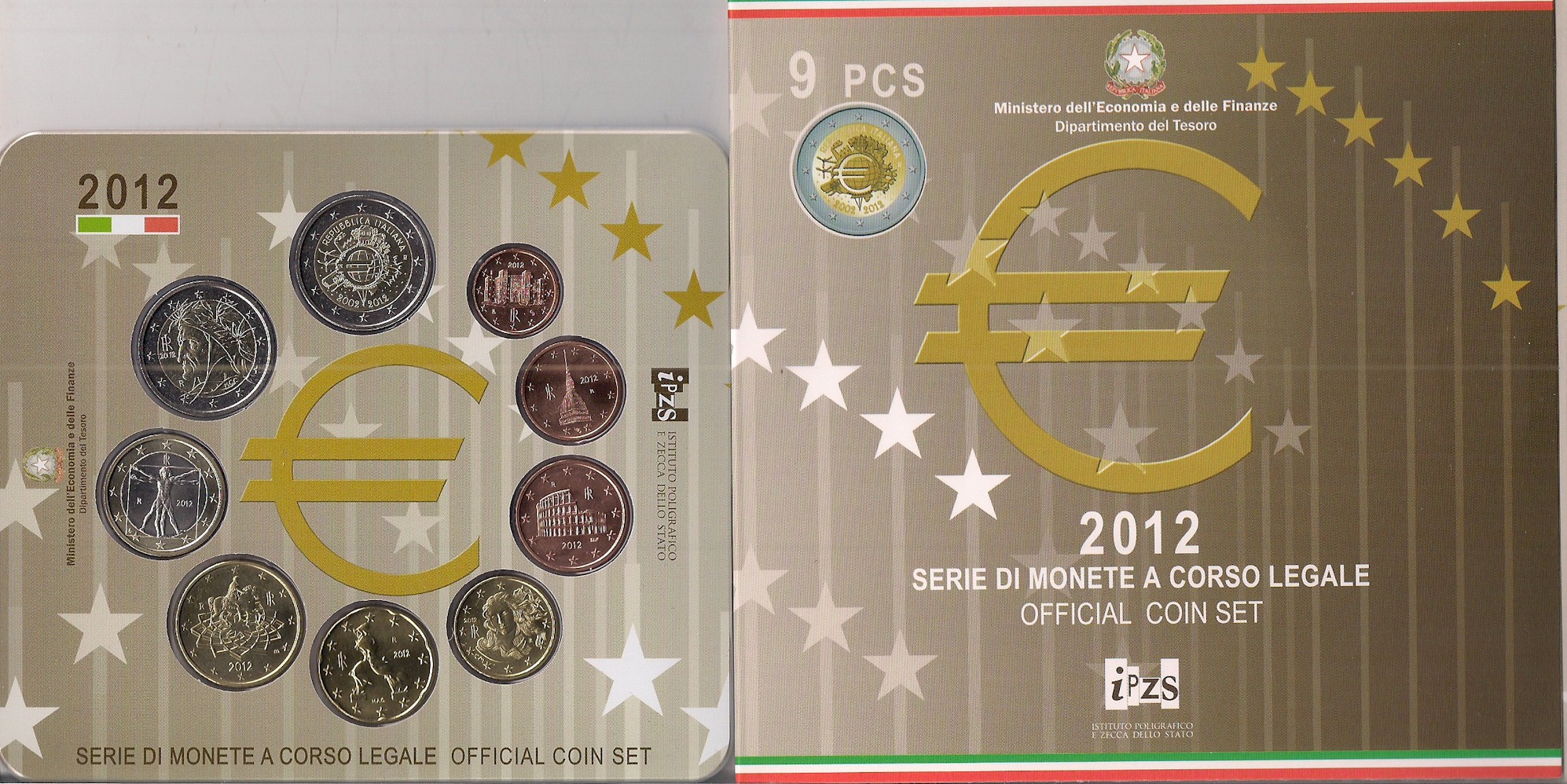 Serie completa di 9 monete in confezione ufficiale con moneta da 2 euro "10 Anniv. Moneta Unica Europea"