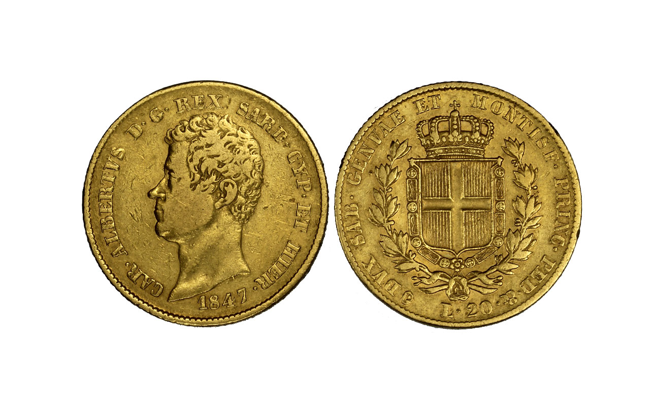 Carlo Alberto - 20 lire senza marchio di Zecca gr. 6.45 in oro 900/