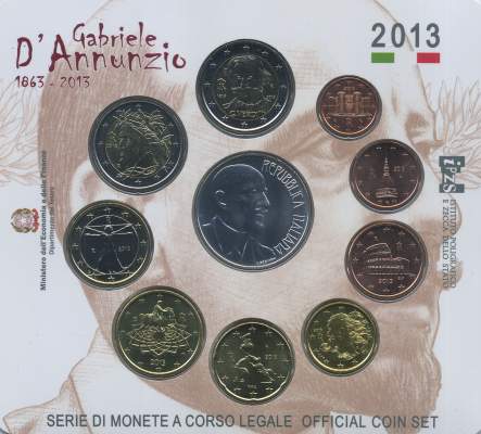 Serie completa di 10 monete in confezione ufficiale con moneta da 5 euro in Ag "150 Anniv. Nascita di G. D'Annunzio"