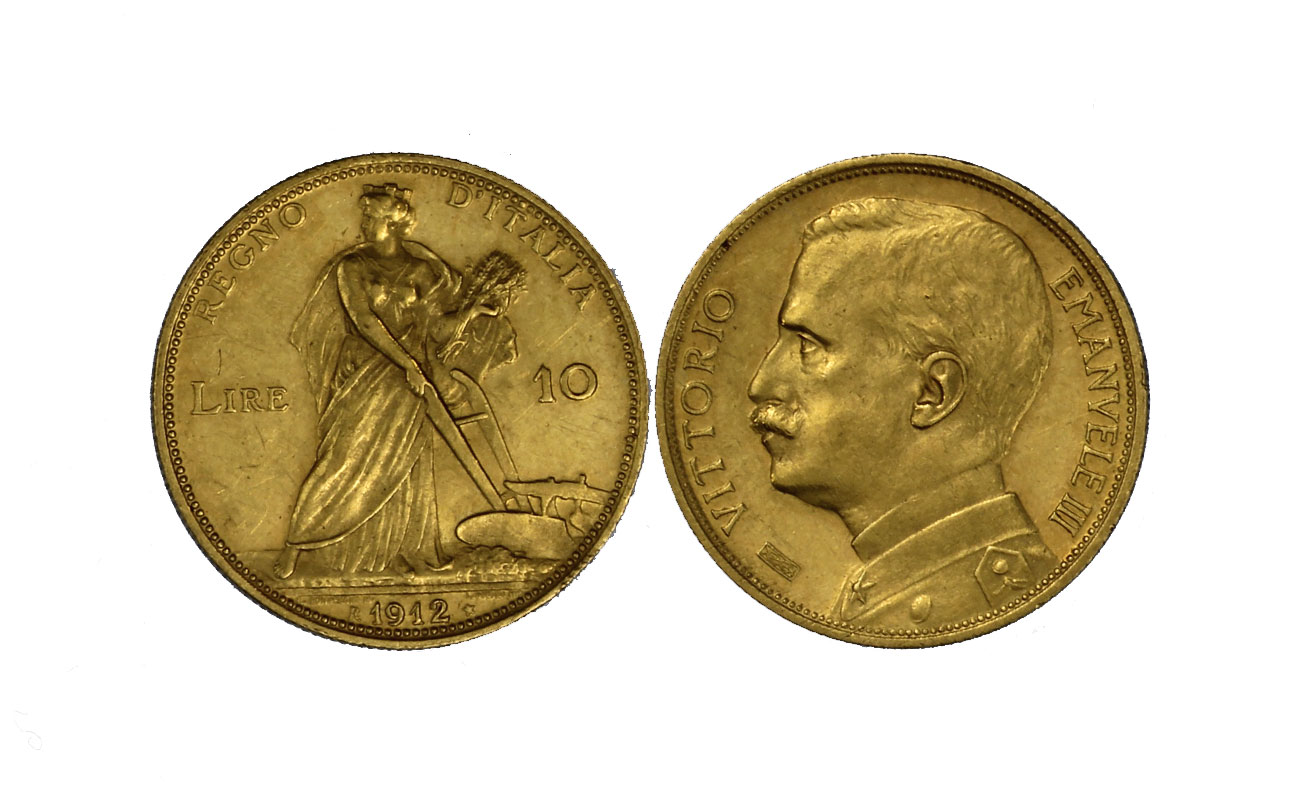 "Aratrice" - Re Vittorio Emanuele III - 10 Lire gr. 3,22 in oro 900/