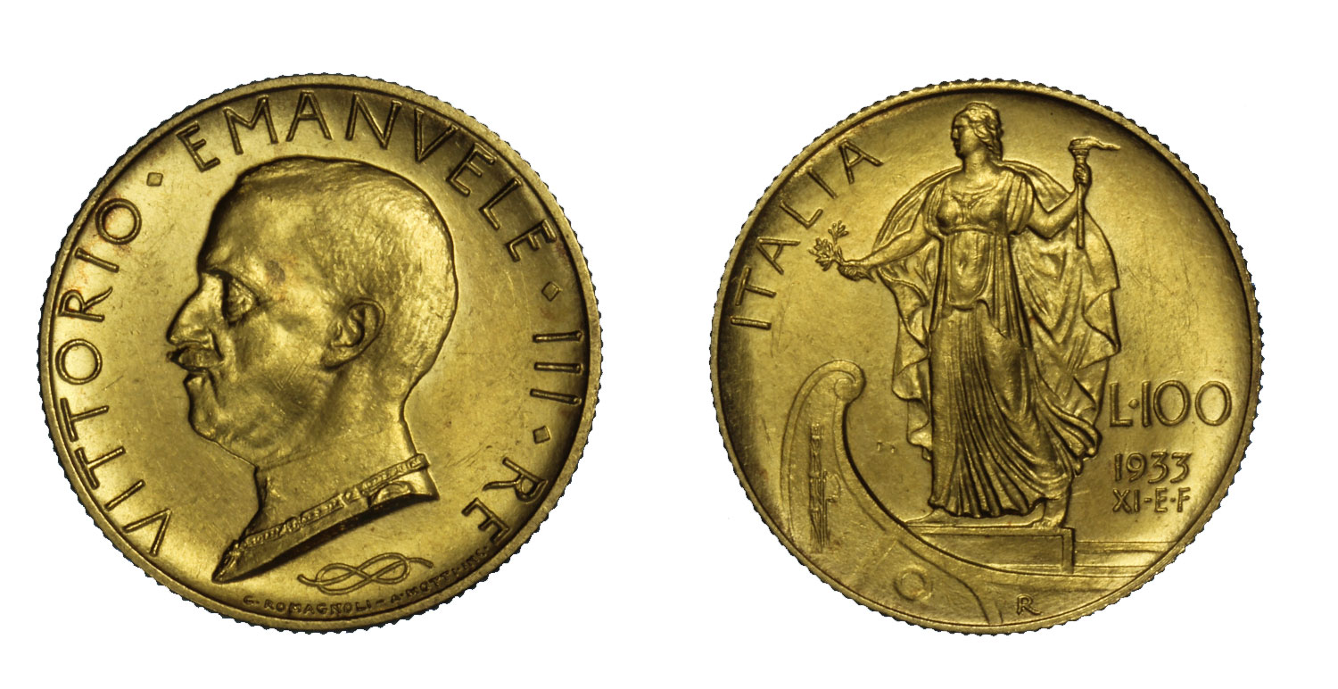 "Italia su Prora" - 100 Lire gr.8,80 in oro 900/°°°
