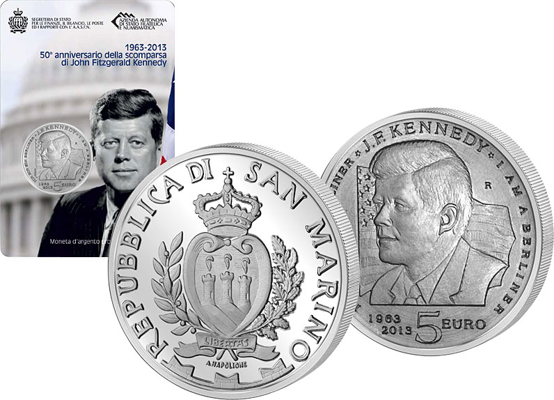 "50 Morte di John Fitzerald Kennedy" - 5 Euro gr. 18,00 in arg. 925/ - In coincard