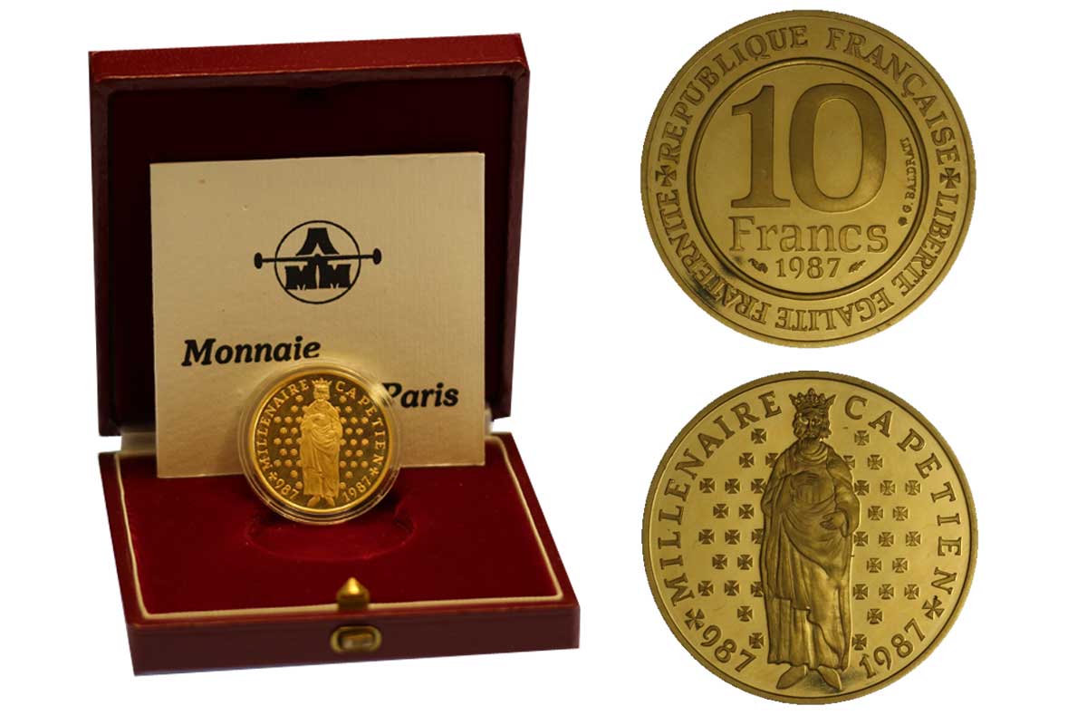"Millenario Capetingio" 10 franchi gr. 12,00 in oro 920/000 - conf. originale 