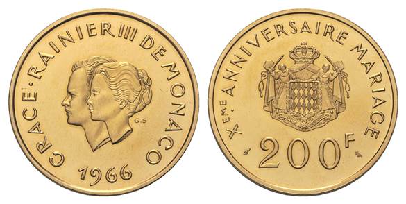 "10 di Matrimonio" - Principi Grace e Ranieri III - 200 Franchi gr. 31,93 in oro 920/