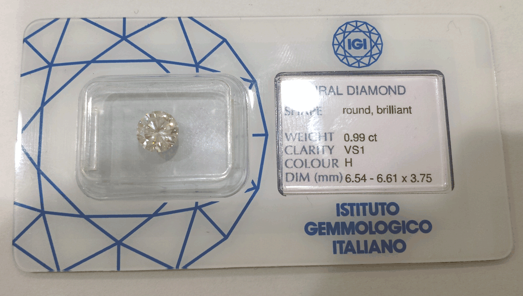 Diamante Rotondo a Brillante di ct. 0.99 - Purezza VS1 - Colore H - Certificato IGI Milano
