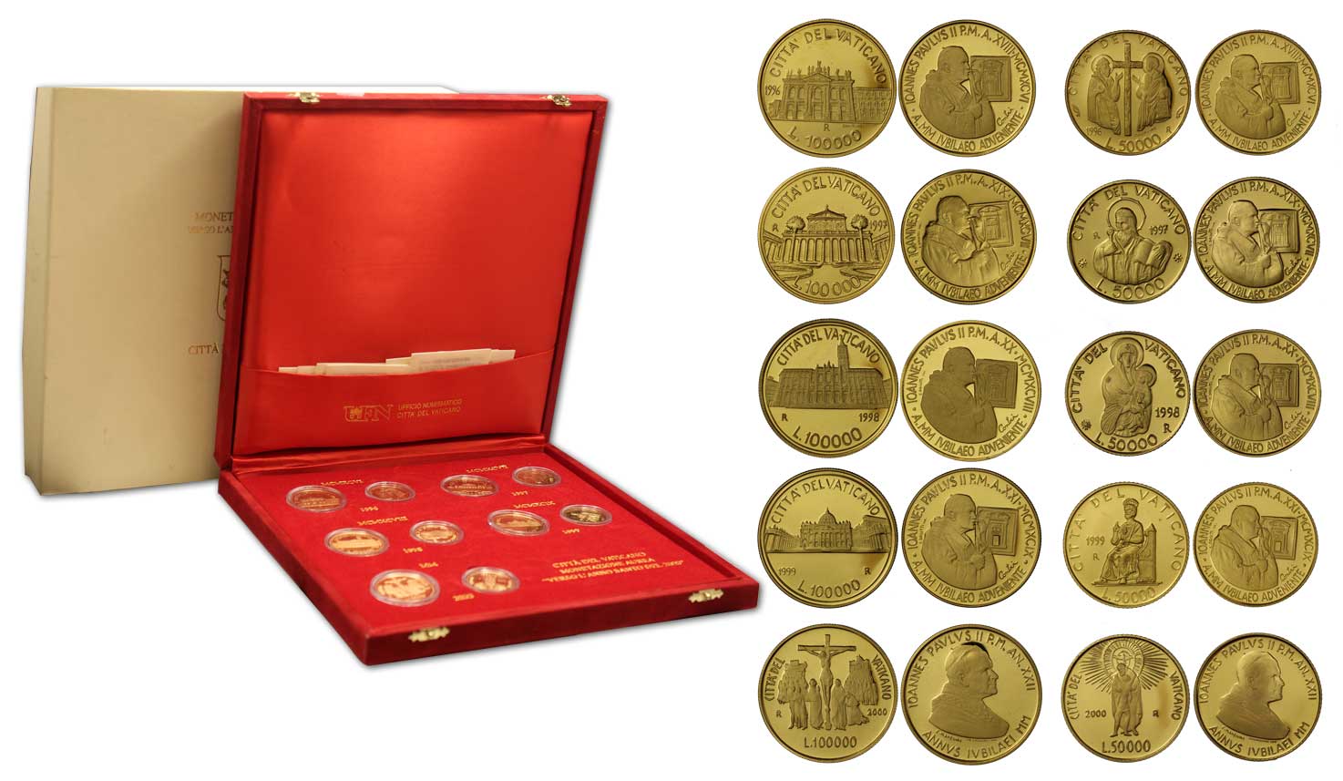 "Verso l'Anno Santo del 2000" - Serie di 10 monete da L.50.000 + L.100.000 gr. complessivi 112,50 in oro 900/000 - conf. originale unica