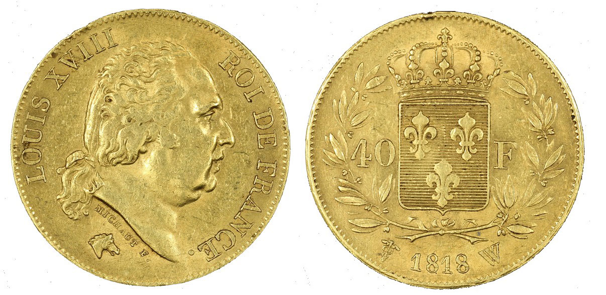 Luigi XVIII - 40 franchi gr. 12,904 in oro 900/000 
