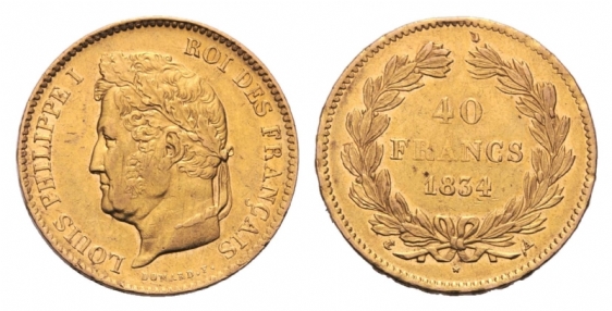 Luigi Filippo I - 40 franchi gr. 12,904 in oro 900/
