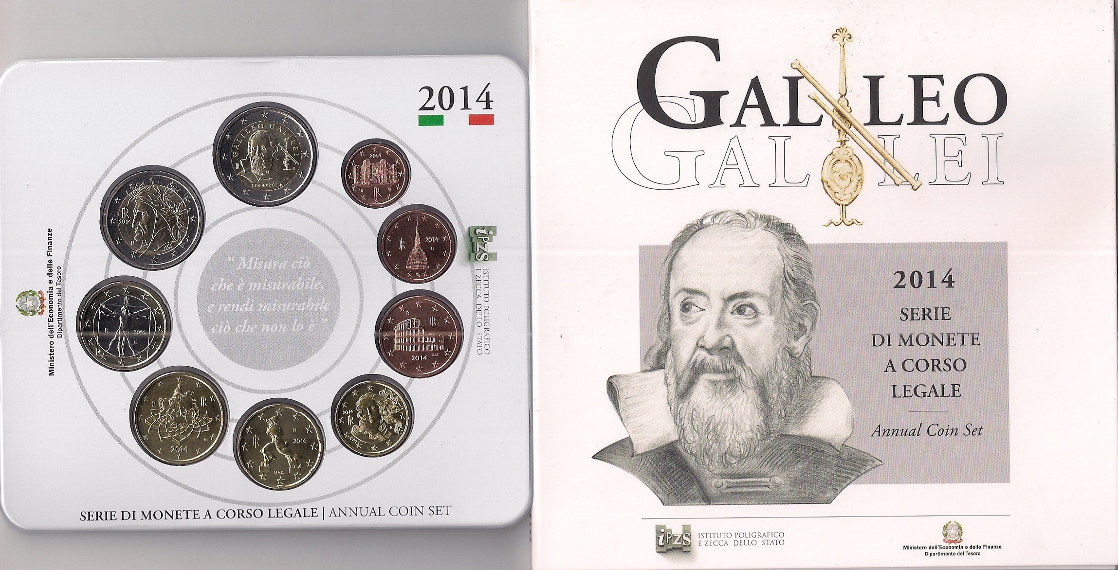 Serie completa di 9 monete in confezione ufficiale con moneta da 2 euro "450 Anniv. Nascita Galileo Galilei" 