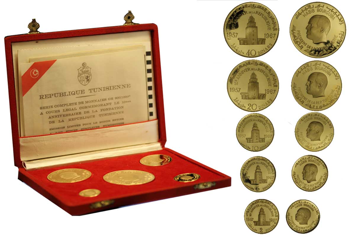 Serie di 5 monete da 2 - 5 - 10 - 20 - 40 dinars gr. 146,30 in oro 900/000 - conf. originale