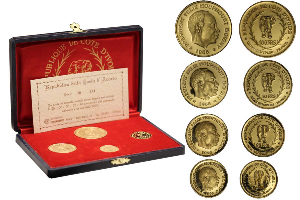 Serie di 4 monete da 10-25-50-100 franchi gr. 59,20 in oro 900/000 - conf. originale