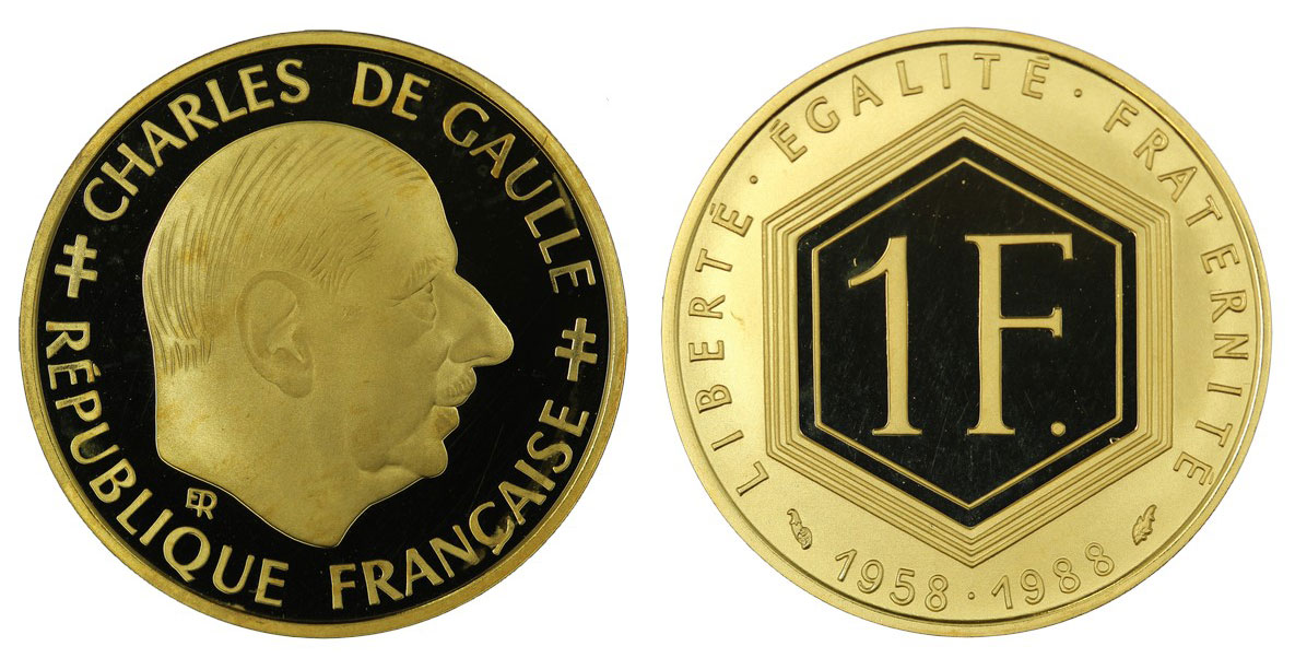 "Charles De Gaulle" -  1 franco  gr. 9,00 in oro 920/000