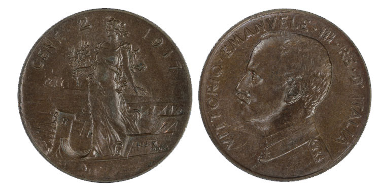 2 centesimi Italia su Prora zecca di Roma 
