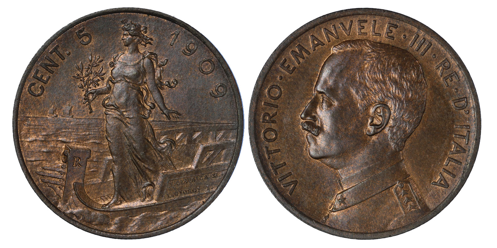 5 centesimi Italia su Prora zecca di Roma 