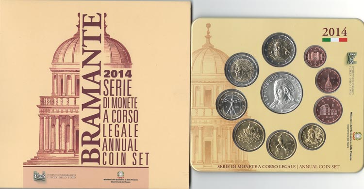 Serie completa di 10 monete in confezione ufficiale con moneta da 5 euro in Ag "500 Anniv. Morte di D. Bramante" 