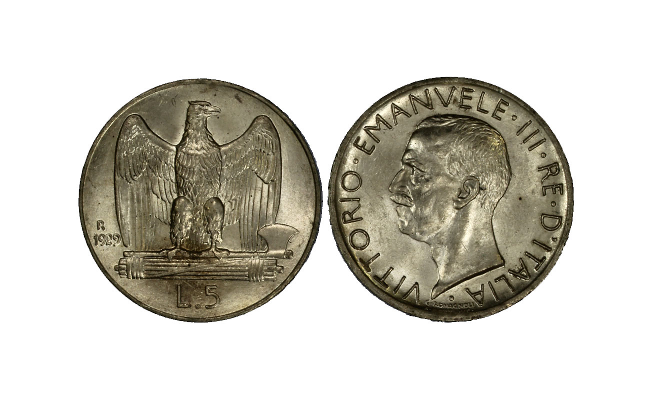 "Aquilotto" - Re Vittorio Emanuele III - 5 lire gr. 5,00 in ag. 835/ - una rosetta