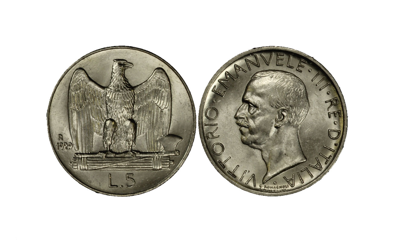 "Aquilotto" - Re Vittorio Emanuele III - 5 lire gr. 5,00 in ag. 835/°°° - una rosetta