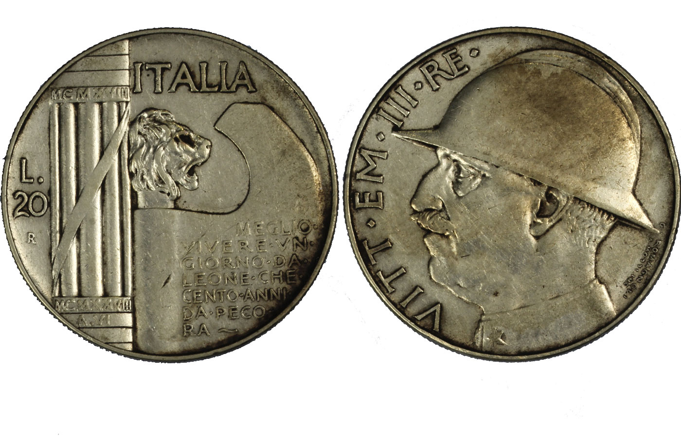 "Elmetto" - Re Vittorio Emanuele III - 20 Lire gr. 20,00 in arg. 600/