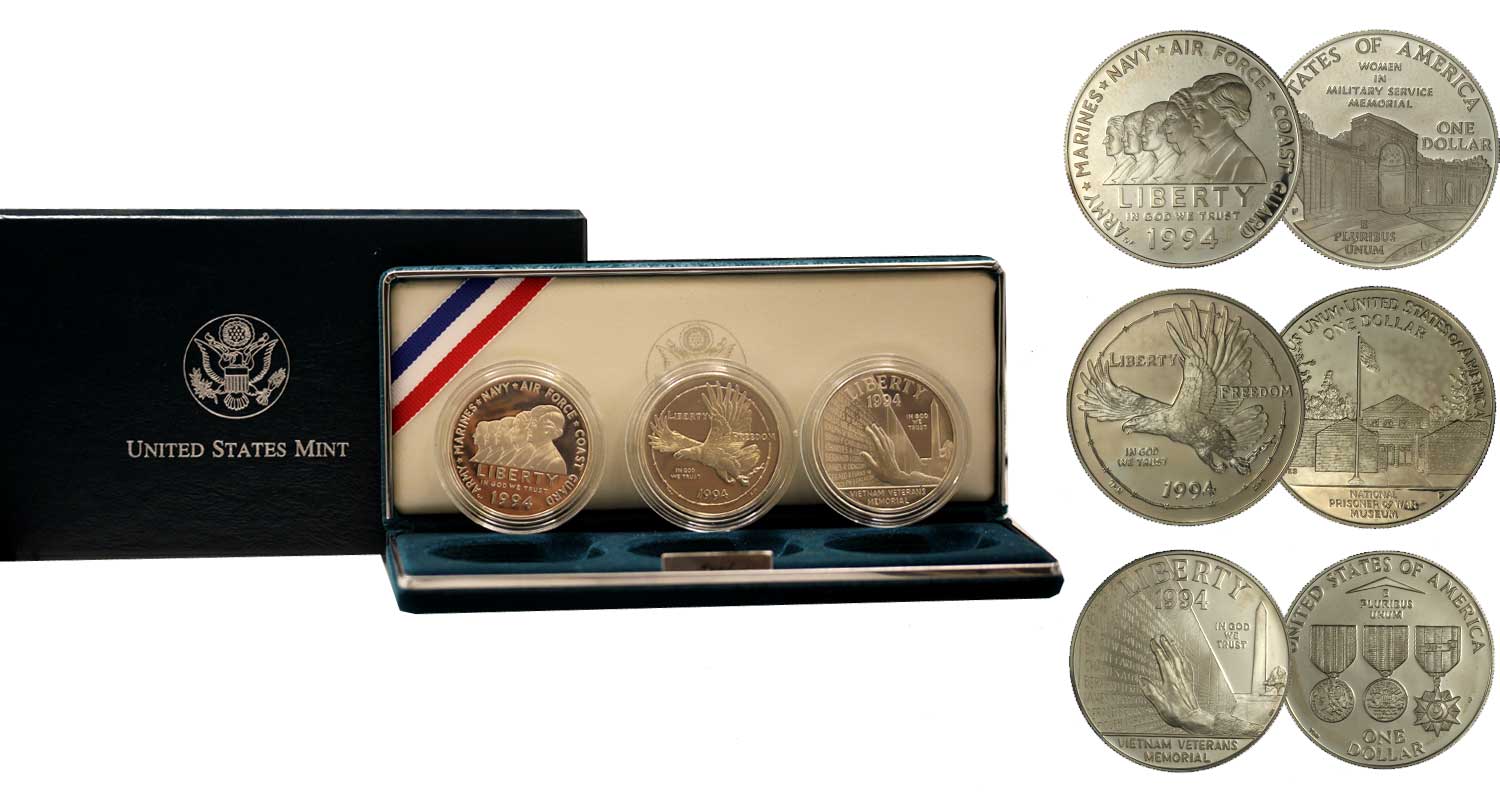 Veterani - Set di 3 monete da 1 dollaro - gr. totali 80,19 in ag. 900/