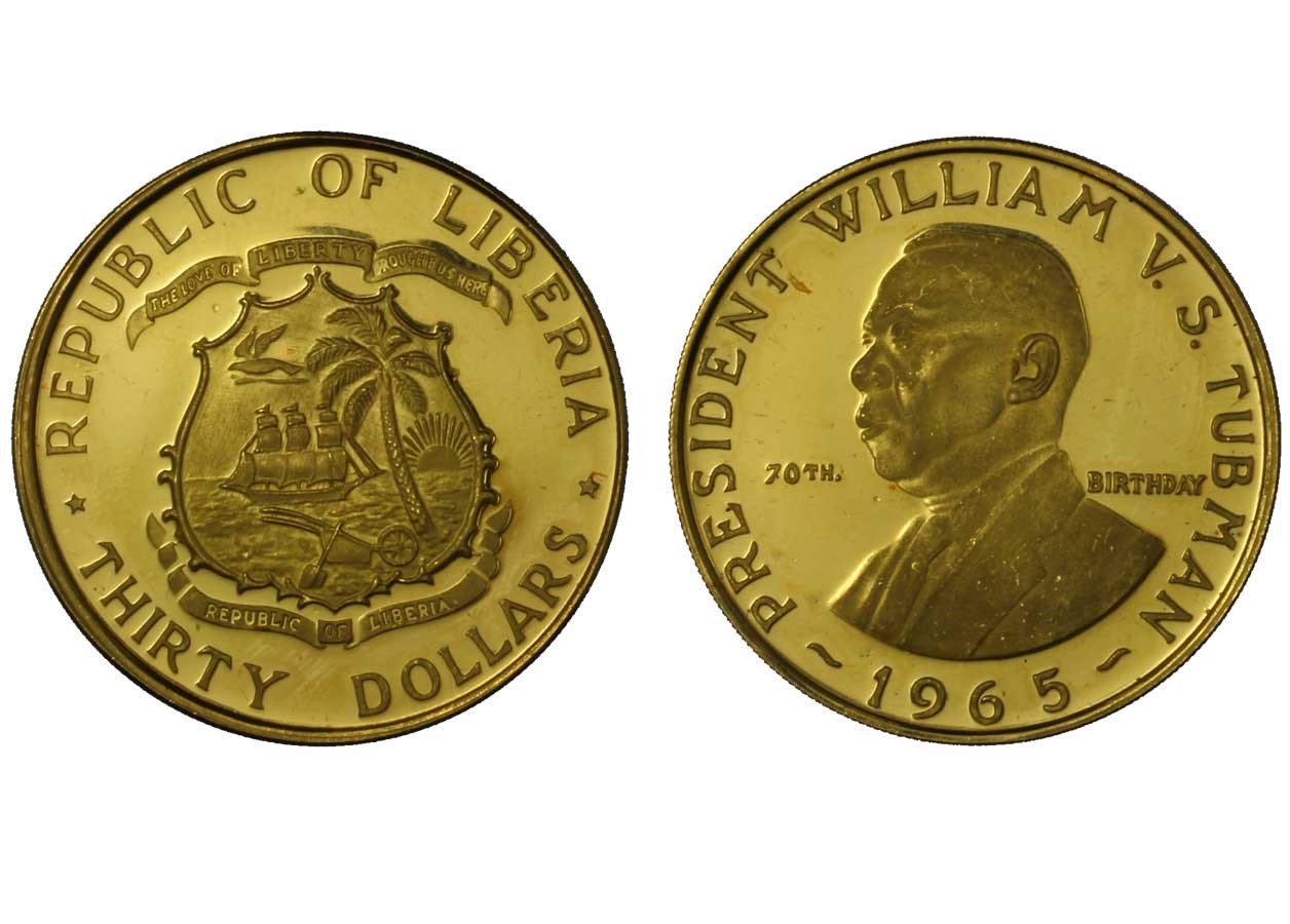 Presidente Tubman - 30 dollari gr. 15,00 in oro 900/000 