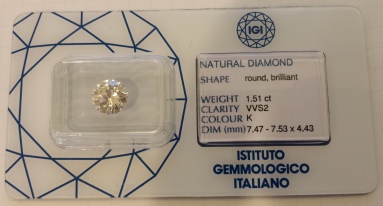 Diamante Rotondo a Brillante di ct.1.51 - Purezza VVS2 - Colore K - Certificato IGI Milano