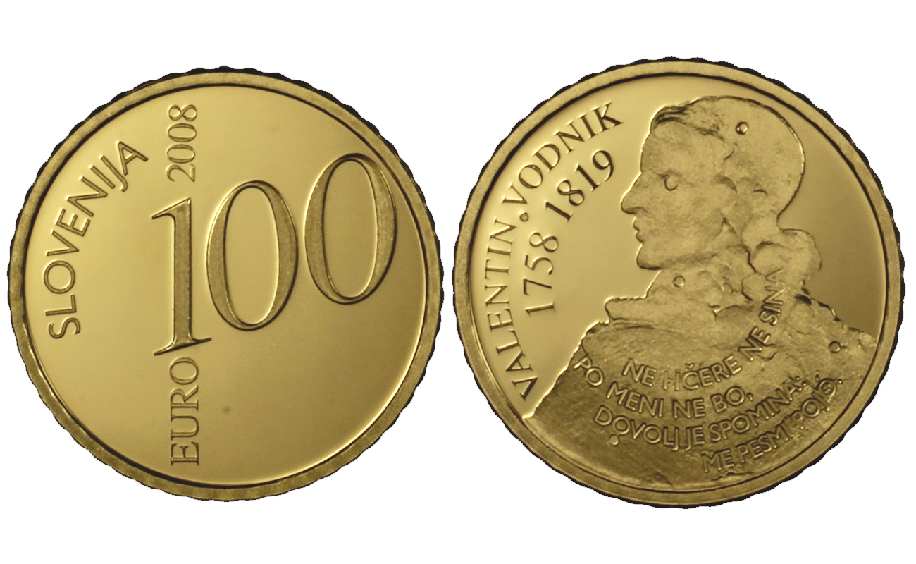 100 euro "Valentin Vodnik" gr. 7,00 in oro 900/000