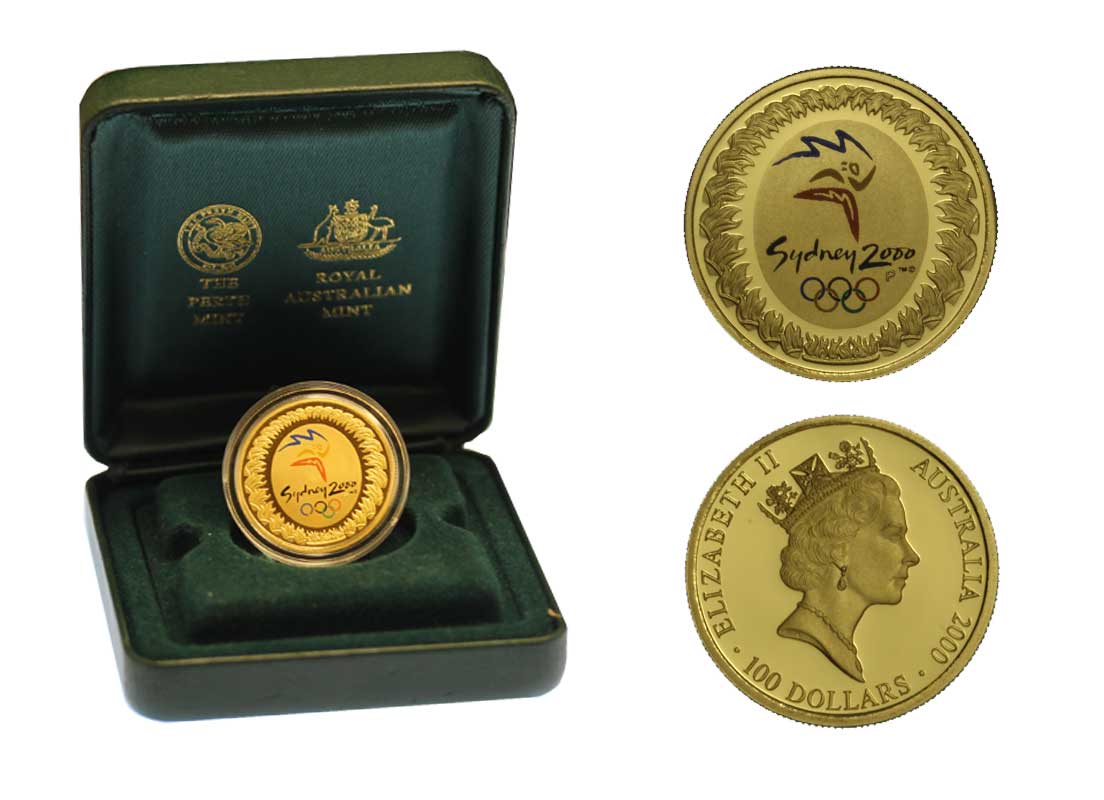 Olimpiadi di Sidney - 100 dollari gr. 10,02 in oro 999/000 - conf. originale