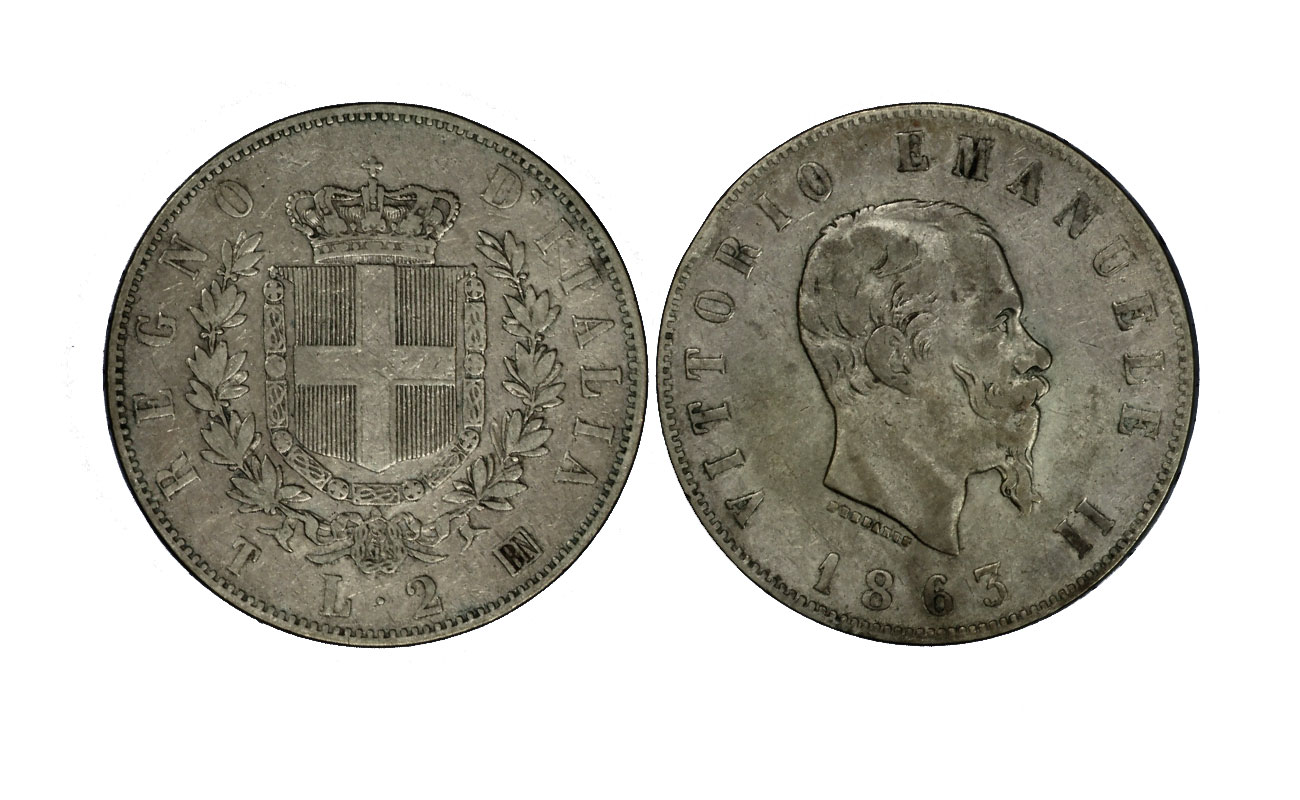 "Stemma"- Re Vittorio Emanuele II - 2 lire gr. 10,00 in arg. 835/