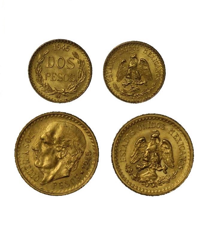 Coppia di monete da 2 + 2,5 pesos - gr. complessivi 3,74 in oro 900/000 - PREZZO SPECIALE!!