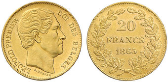 "Leopoldo I° tipo" - 20 franchi gr. 6,45 in oro 900/°°°