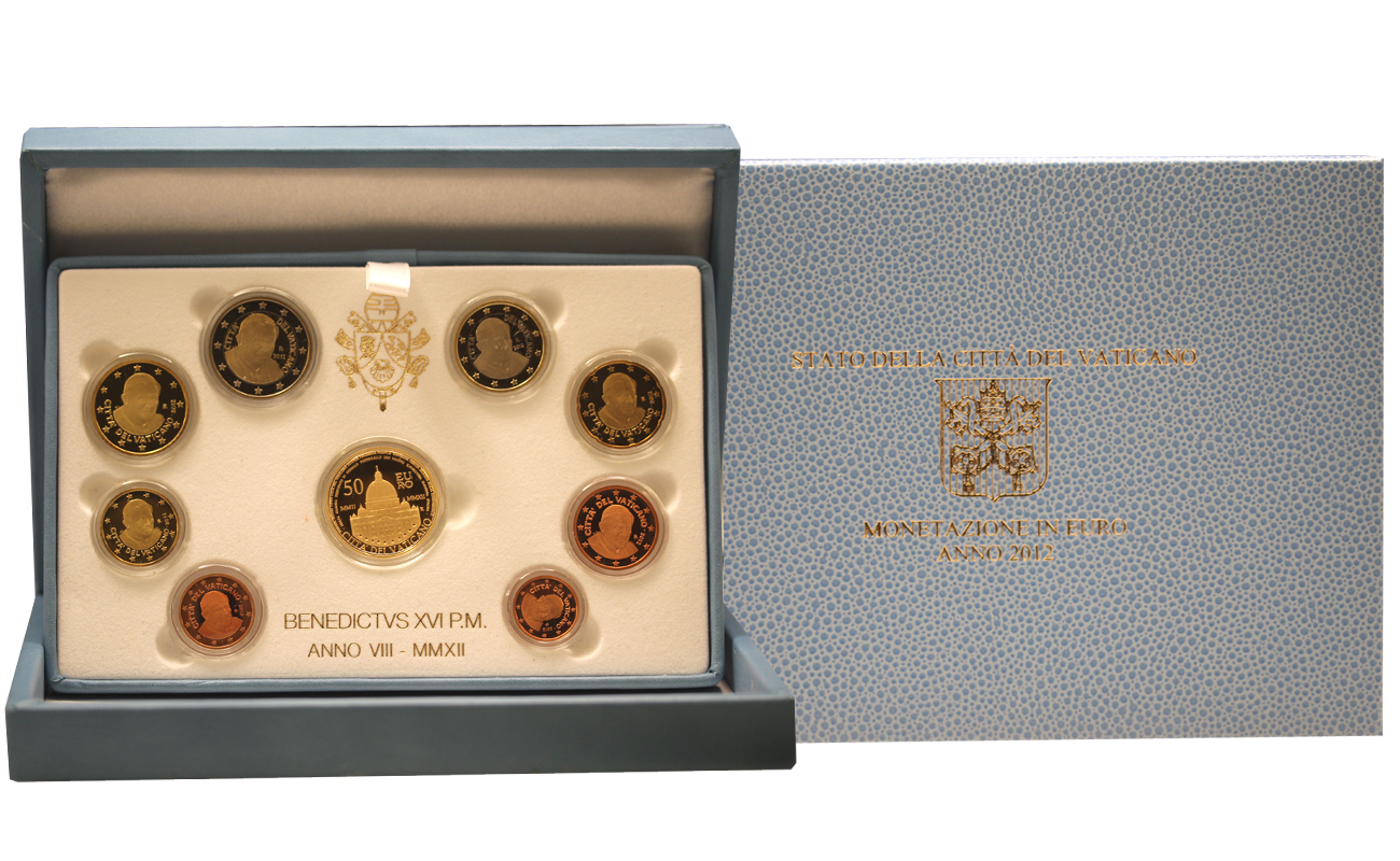 Serie completa di 8 monete in confezione originale con 50 euro Decennale dell'Euro in oro 
