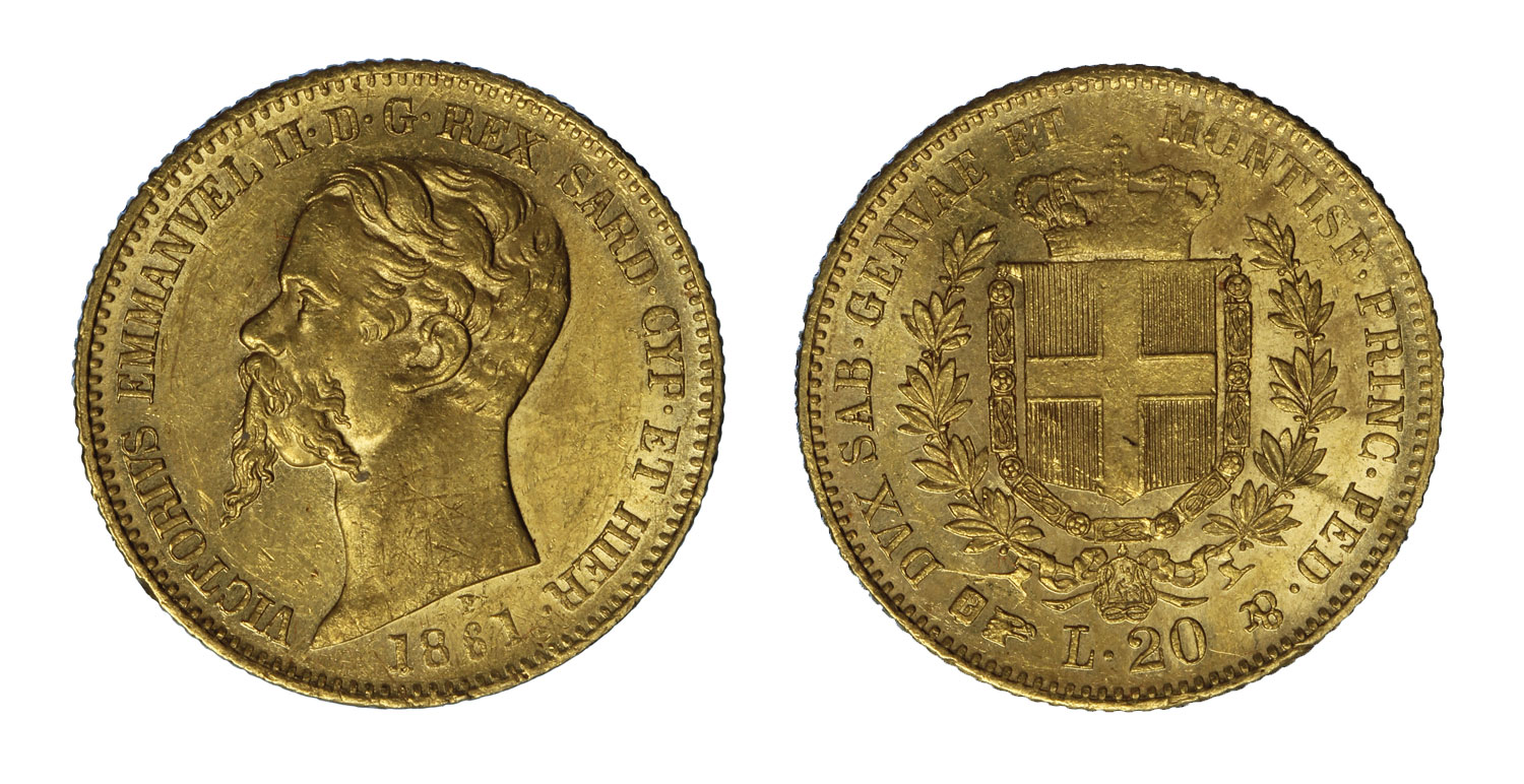 Vittorio Emanuele II - 20 lire gr.6,45 in oro 900/ - debolezza di conio sulla corona