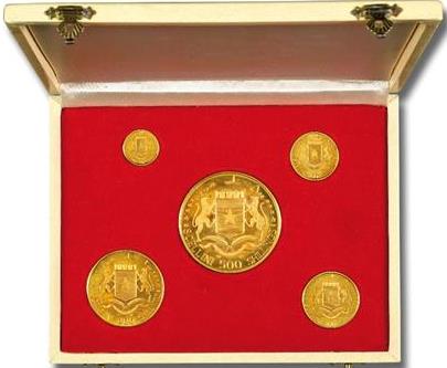 "Anniversario d'Indipendenza" - Serie di 5 monete da 20-50-100-200-500 scellini gr. 121,96 complessivi in oro 900/000 