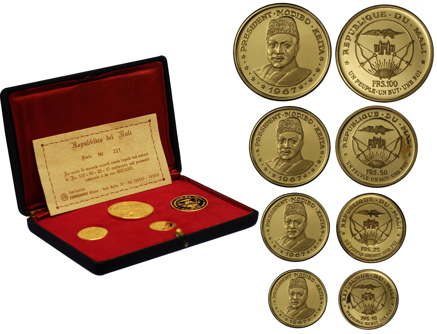 "Presidente Modibo Keita" - Serie di 4 monete da 10-25-50-100 franchi gr. 59,25 in oro 900/000 - conf. originale 