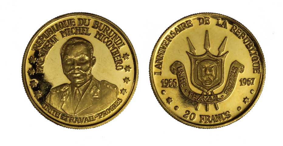 "Presidente Micombero" - 20  franchi gr. 6,39 in oro 900/000 