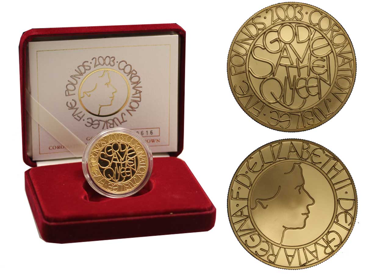 50 Anniv. dell' Incoronazione della Regina Elisabetta - 5 sterline gr. 39,94 in oro 917/000 - conf.originale